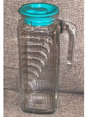 Vintage Covetro Ribbed Glass Pitcher Turquoise Lid (Made in Italy) ~ 9" tall
